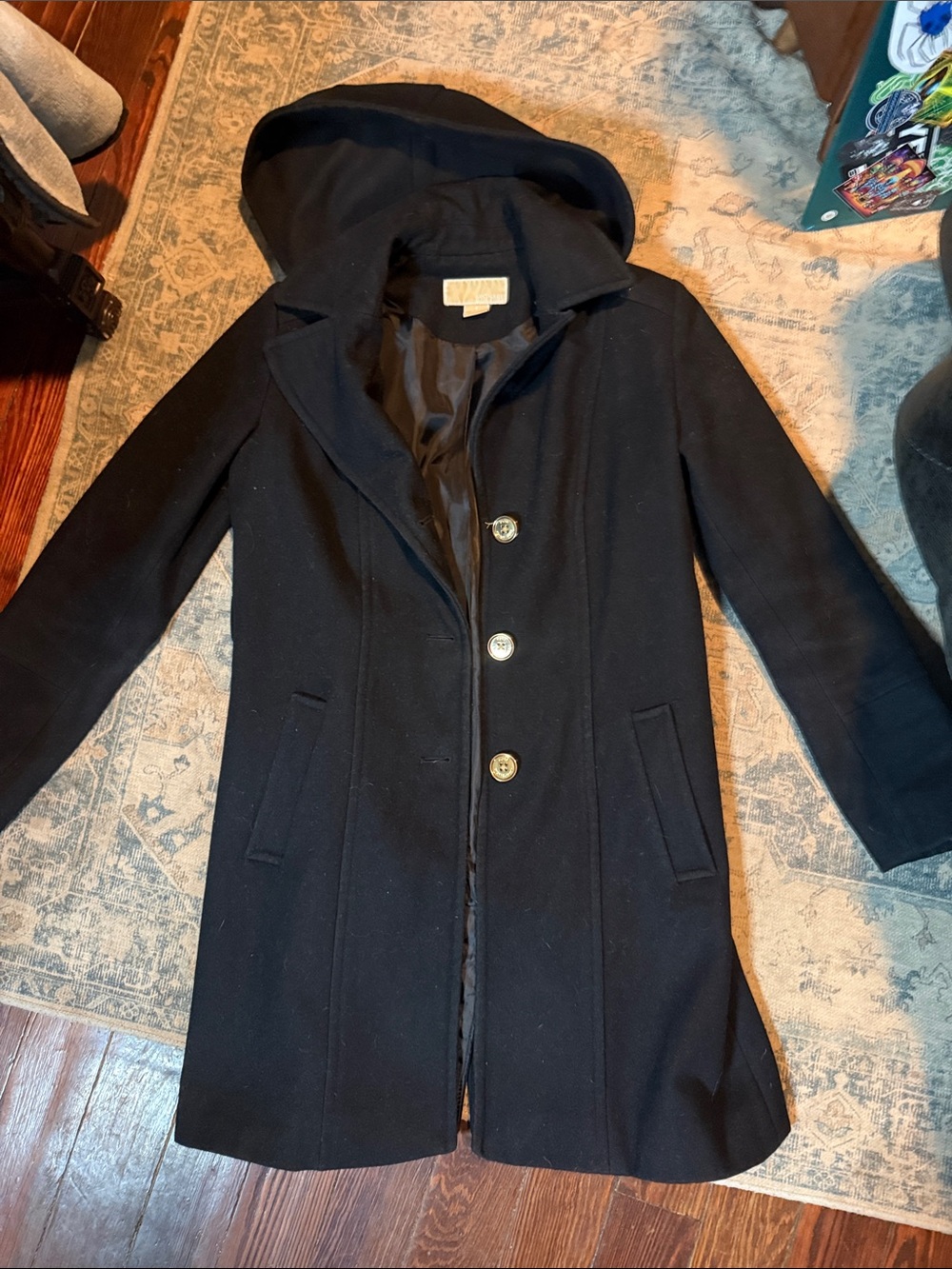 Michael Kors Black Hooded Wool-Blend Pea Coat